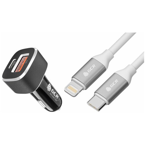 GCR Комплект автомобильное зарядное устройство на 2 USB порта QC3.0 + PD18W [TypeA + TypeC] + кабель 1.0m TypeC/Lightning, белый gcr комплект сетевое зарядное устройство 36w на 2 usb порта qc3 0 pd18w [typea typec] кабель typec lightning 1 0m