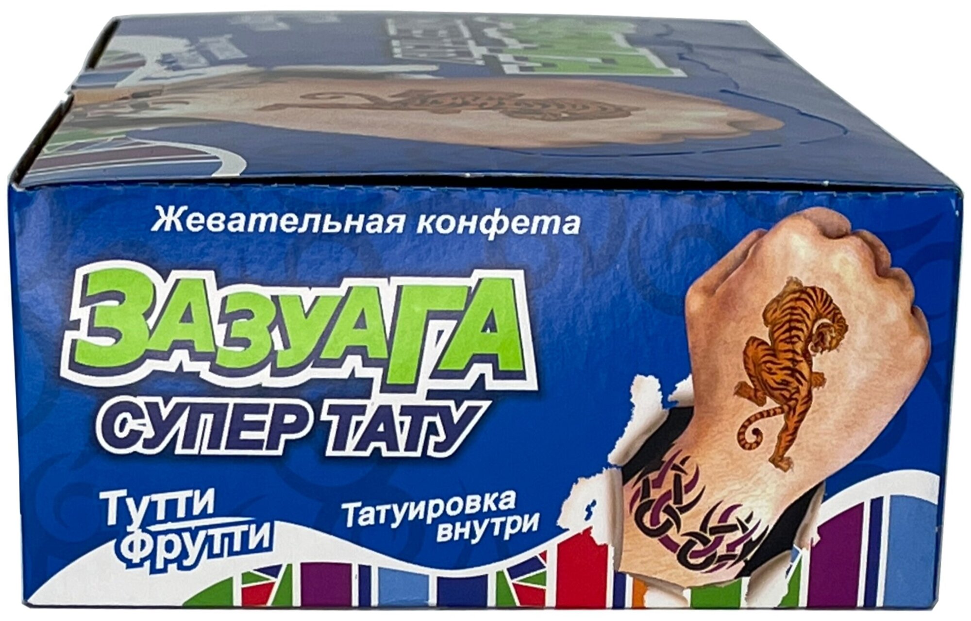 Зазуага жевательная конфета с тату вкус тутти-фрутти 50 шт. х 11,2 гр. Жевательные конфеты на палочке 560гр - фотография № 3