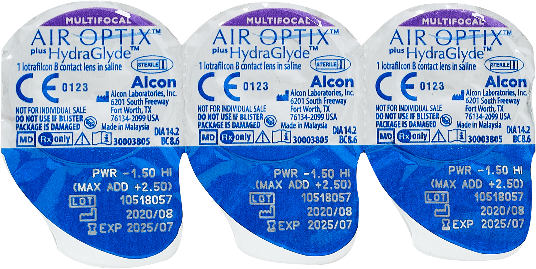 Контактные линзы Alcon Air Optix Plus HydraGlyde Multifocal, 3 шт., R 8,6, D +2,5, ADD: средняя, 1 уп.
