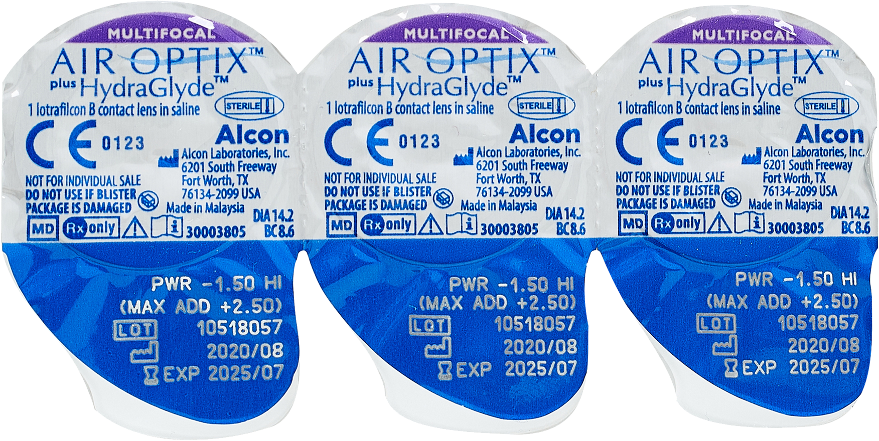 Контактные линзы Alcon Air Optix Plus HydraGlyde Multifocal, 3 шт., R 8,6, D -2,5, ADD: низкая, 1 уп.