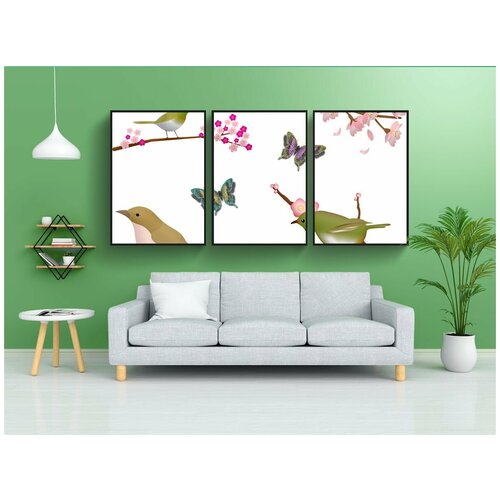 фото Набор модулных постеров для интерьера "птицы, цветение сакуры, вишни в цвету" 60x90 см. в тубусе, без рамки lotsprints
