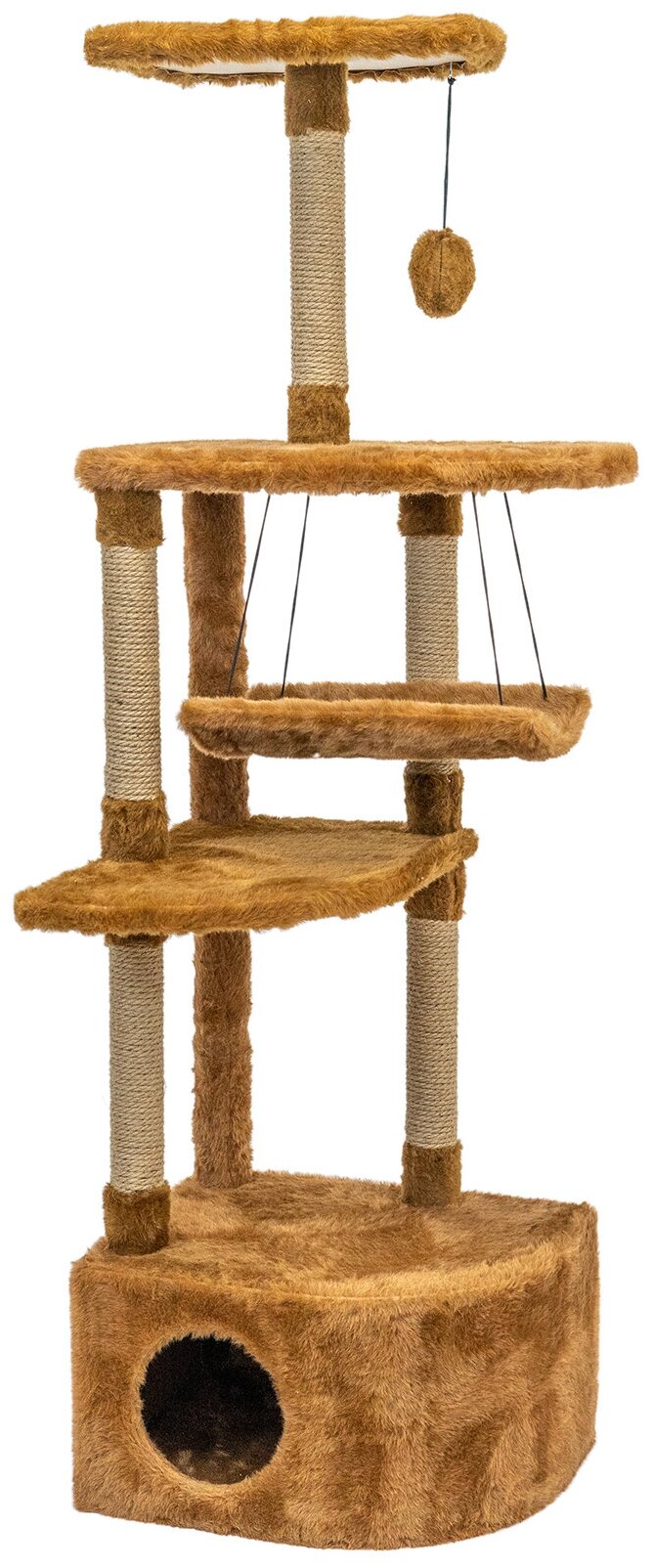 Когтеточка комплекс для кошек "PetTails" Эйфель, угловой с гамаком 48 х 48 х 150 см (мех, джут), коричневый - фотография № 2