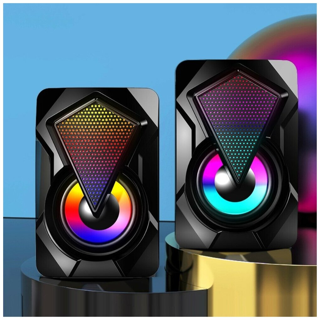Компьютерные колонки Grand Price с RGB-подсветкой, USB-зарядка, 3,5-мм разъем - комплект 2 динамика, черный