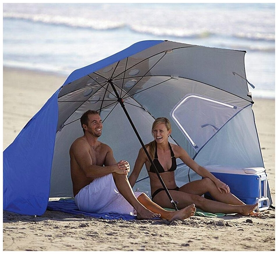 Большой пляжный зонт от солнца с окошками и карманами LUXLINE зонт для рыбалки зонт палатка складной пляжный зонт синий - фотография № 1