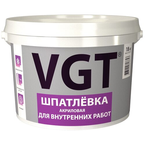 Шпатлевка VGT акриловая для внутренних работ, белый, 18 кг шпатлевка vgt акриловая для внутренних работ белый 7 5 кг