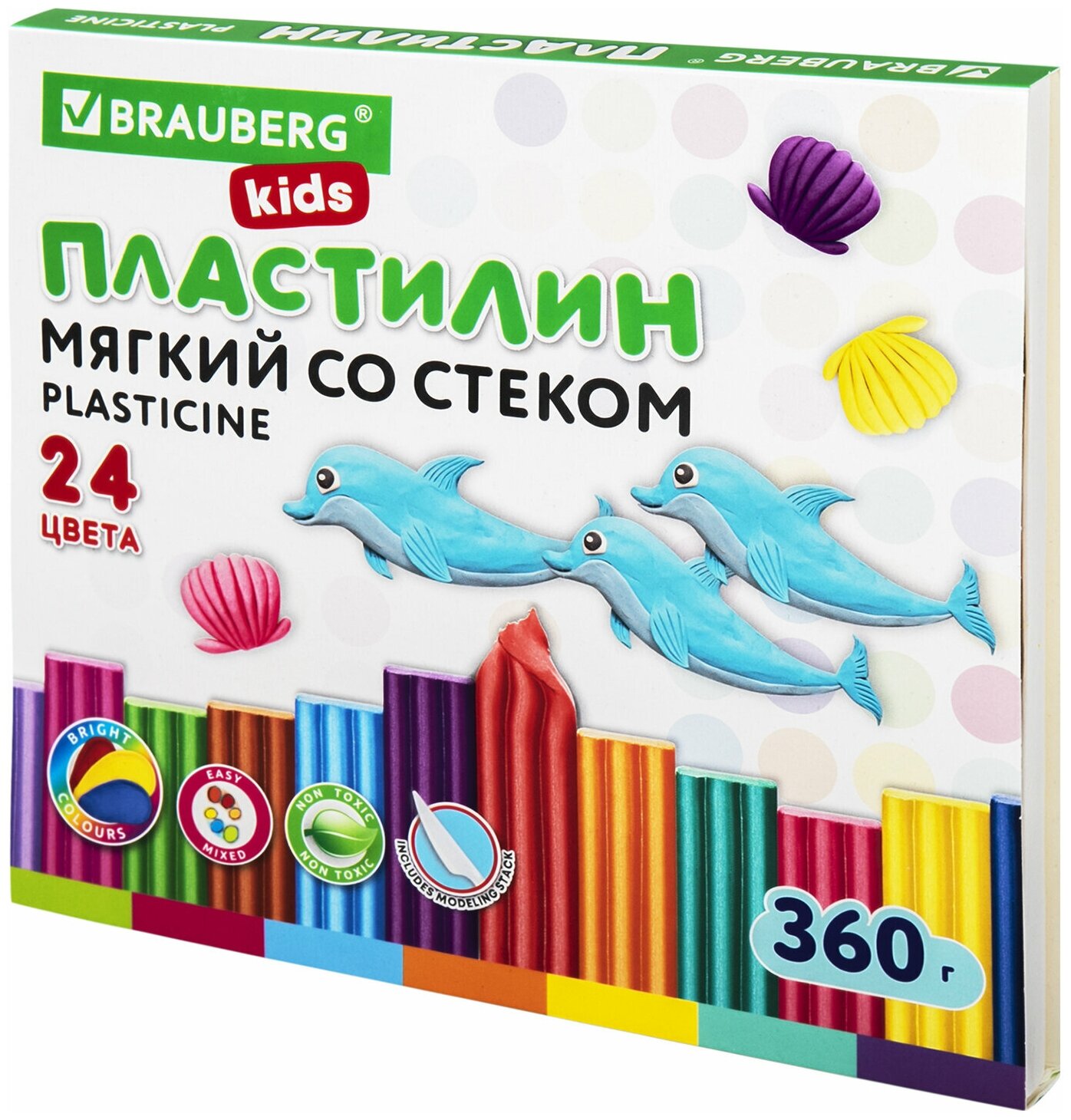 Пластилин мягкий восковой BRAUBERG KIDS, 24 цвета, 360 г, со стеком, 106498