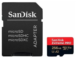 Карта памяти SanDisk Extreme PRO microSDXC 256 ГБ Class 10, V30, A2, UHS-I U3, R/W 200/140 МБ/с, адаптер на SD, 1 шт черный