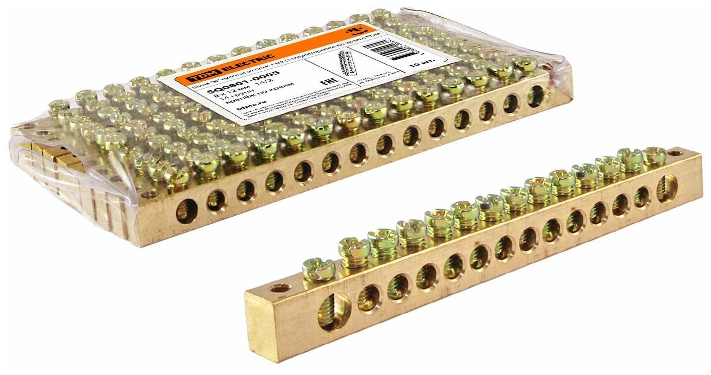 фото Шина "N" нулевая 8x12мм 14/2 (14 групп/крепеж по краям) TDM {SQ0801-0005}