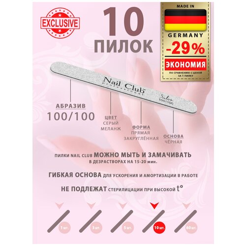 Nail Club professional Маникюрная пилка для опила ногтей серия Salon, форма узкая прямая, абразив 100/100, 10 шт.