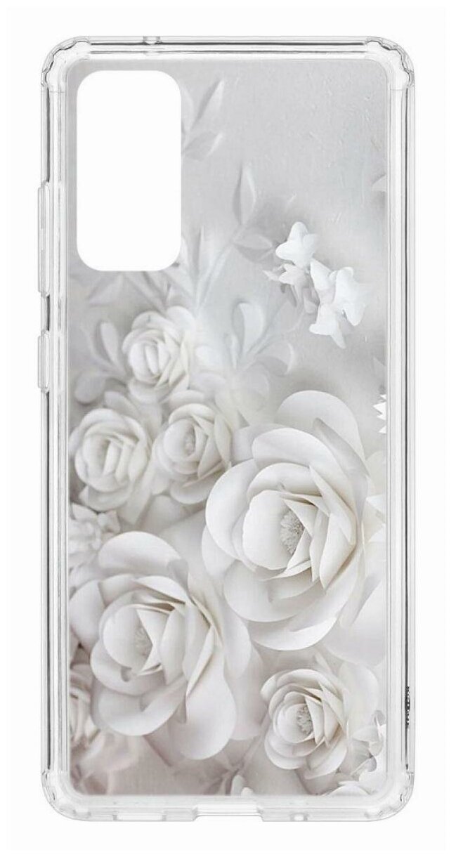 Чехол для Samsung Galaxy S20 FE Kruche Print White roses, пластиковая накладка, силиконовый бампер с защитой камеры, защитный прозрачный кейс с рисунком