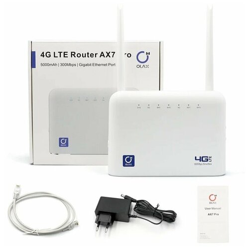 Olax AX7 Pro 3G/4G LTE стационарный роутер с антеннами 2*5dBi + аккумулятор 5000мАч, Ethernet 1000Мбит/сек olax ax6 pro 3g 4g роутер cat 4 с двумя антеннами 5дб