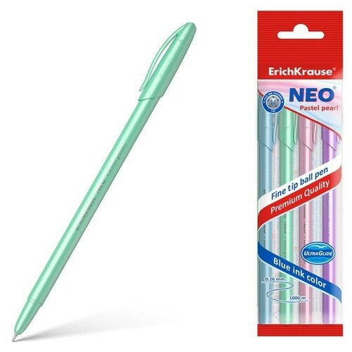 Набор ручек шариковых ErichKrause Neo Pastel pearl, узел 0.7 мм, чернила синие, длина линии письма 1000 метров, 4 штуки, микс