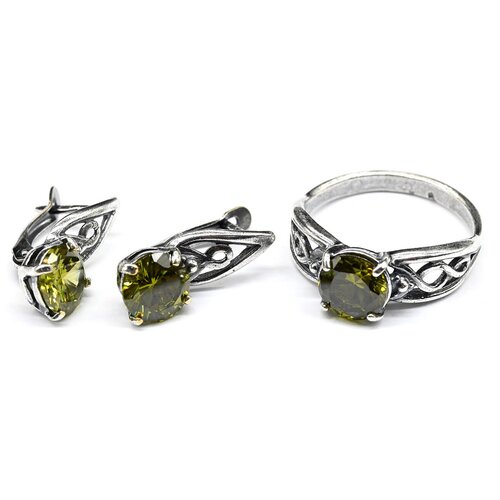 Комплект бижутерии Радуга Камня: серьги, кольцо, циркон, размер кольца 19, желтый