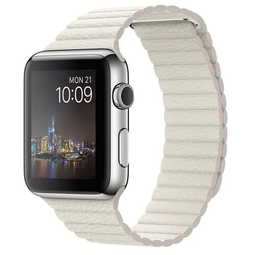 Премиум кожаный ремешок с регулировкой размера на магнитной застежке для Apple Watch Series 1, 2, 3, 4, 5, 6, SE, 7 - 38/40/41 мм (эпл вотч), белый