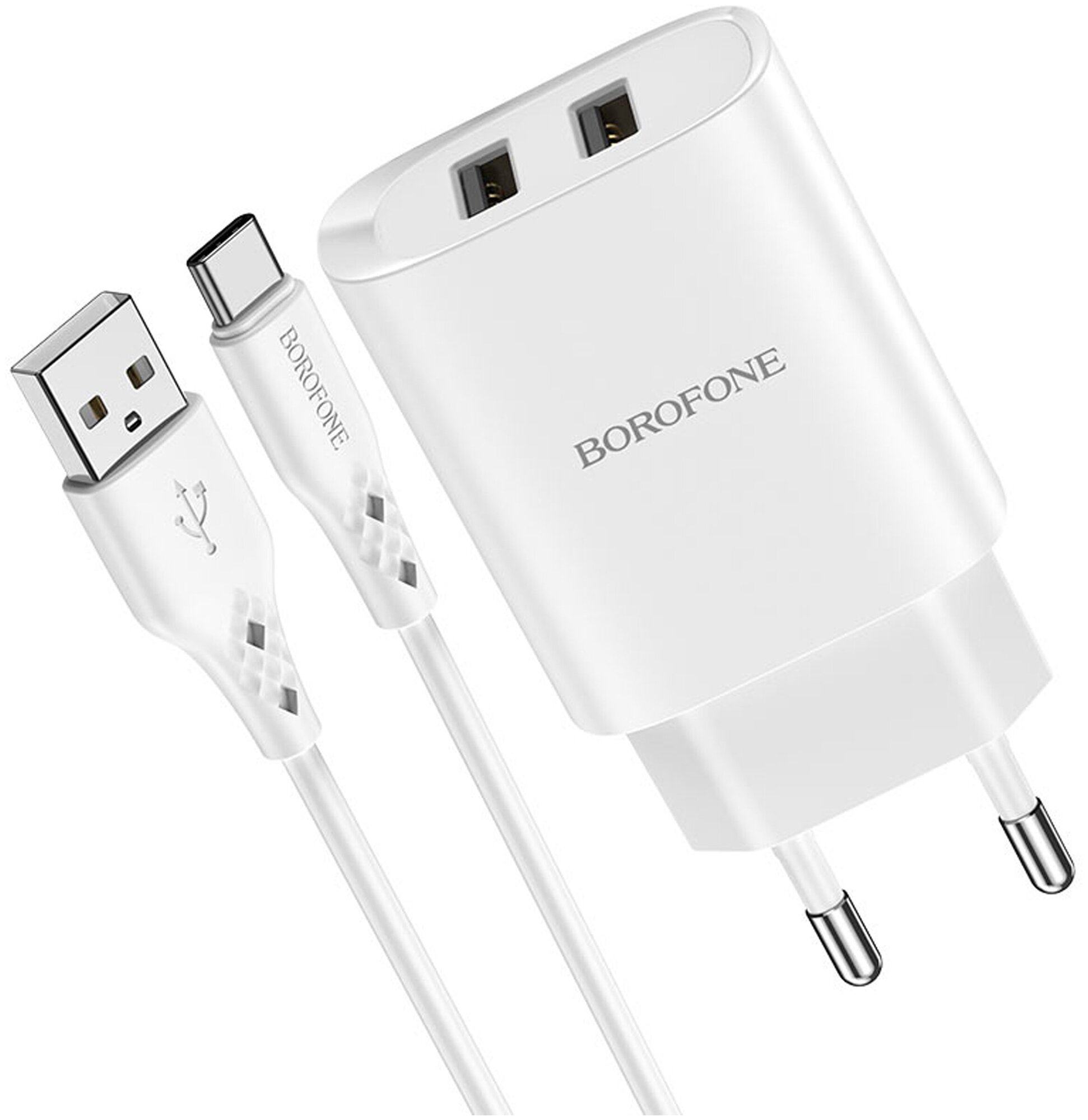 Блок питания сетевой 2 USB Borofone, BN2, 2100mA, пластик, кабель Type-C, цвет: белый