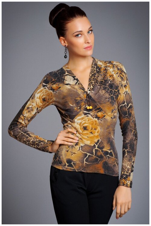 Блуза  Арт-Деко, повседневный стиль, длинный рукав, размер 44, коричневый, желтый