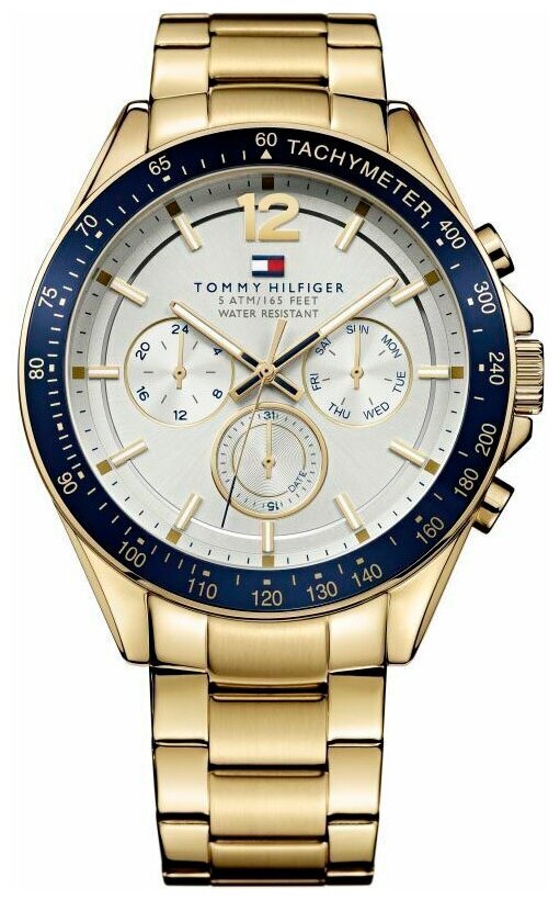 Наручные часы TOMMY HILFIGER мужские Tommy Hilfiger 1791121 кварцевые, будильник, тахиметр, подсветка стрелок, водонепроницаемые, золотой