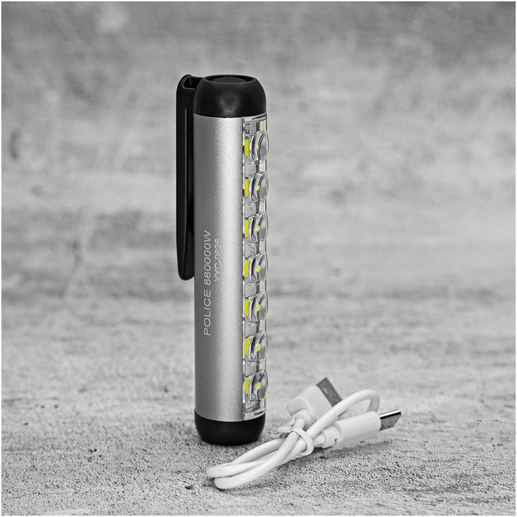 Мощный ручной портативный фонарь YYC-0826 / Походный компактный / С зарядкой micro USB магнитом и клипсой / COB+SMD серый