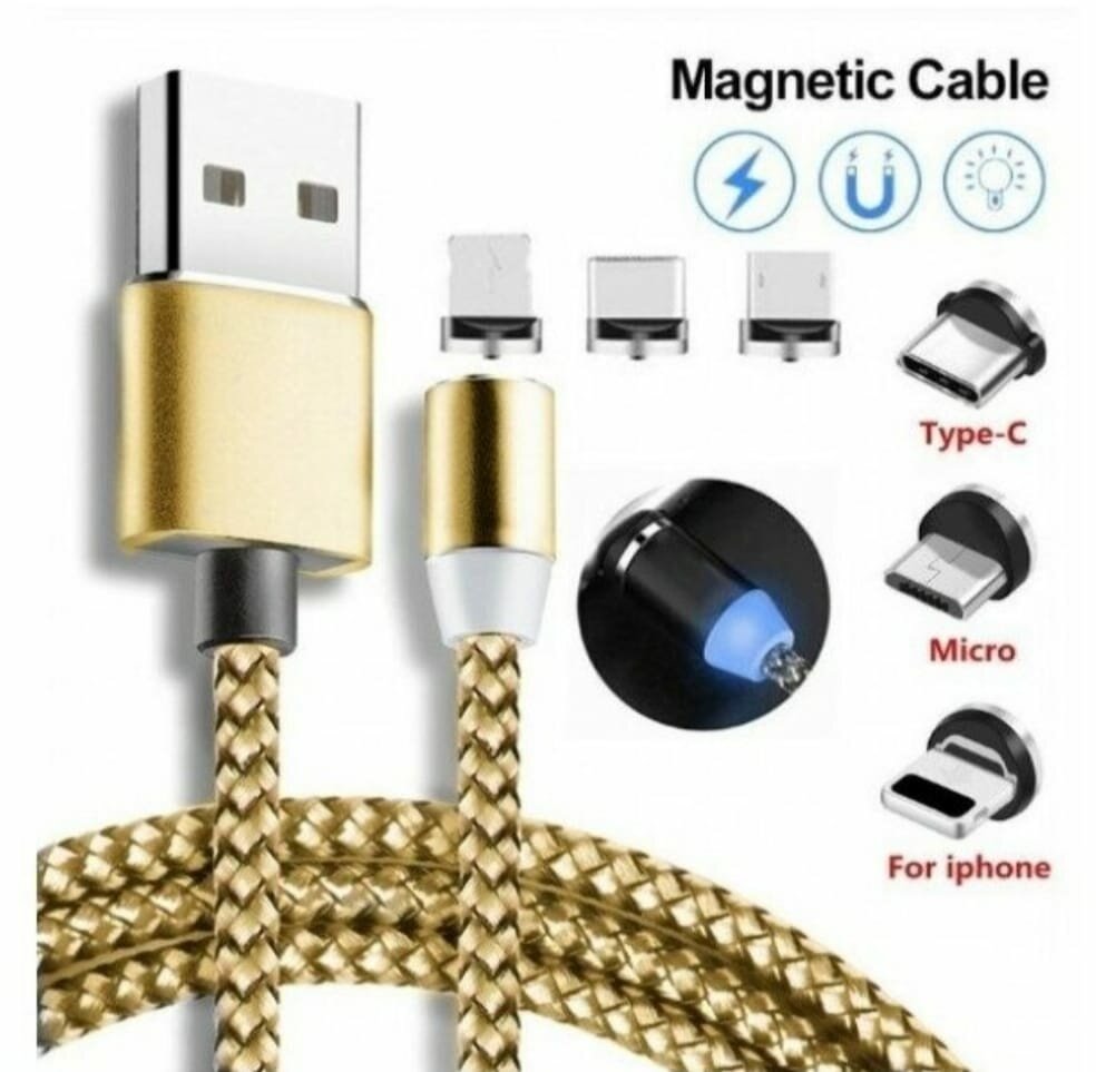 Кабель Магнитный зарядки 3-в-1 (microUSB + type-C + Lightning)для iPhone/Xiaomi/Samsung/1000 Золотой