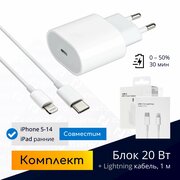 Комплект: быстрая зарядка для iPhone 8-14, 20W, Type-C + кабель USB-C - Lightning, 1 метр / Original drop