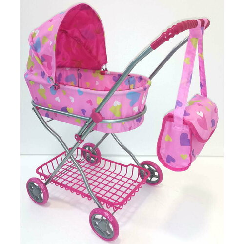 Коляска-люлька для кукол розовая с сердечками, с сумкой и
