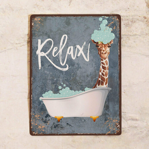 Картина в ванну Relax с жирафом, металлическая картина с эмалью для декора стен ванной комнаты, металл, 20х30 см.