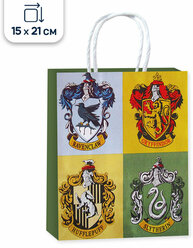 Пакет подарочный крафтовый Гарри Поттер, Факультеты Хогвартс, 21х15х8 см