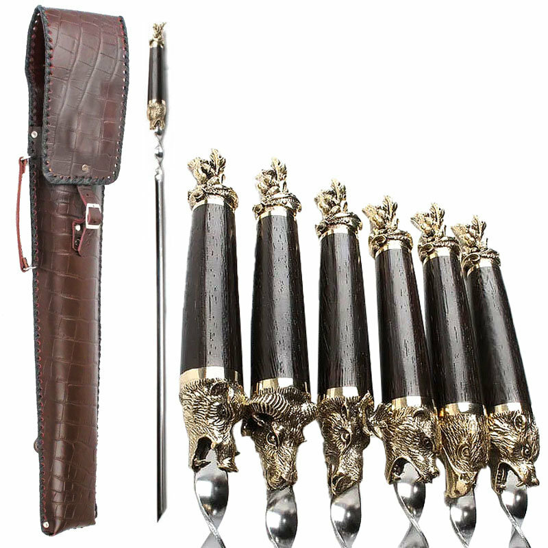 Подарки Набор шампуров "Мечта охотника" с латунными навершиями в кожаном колчане (6 штук)
