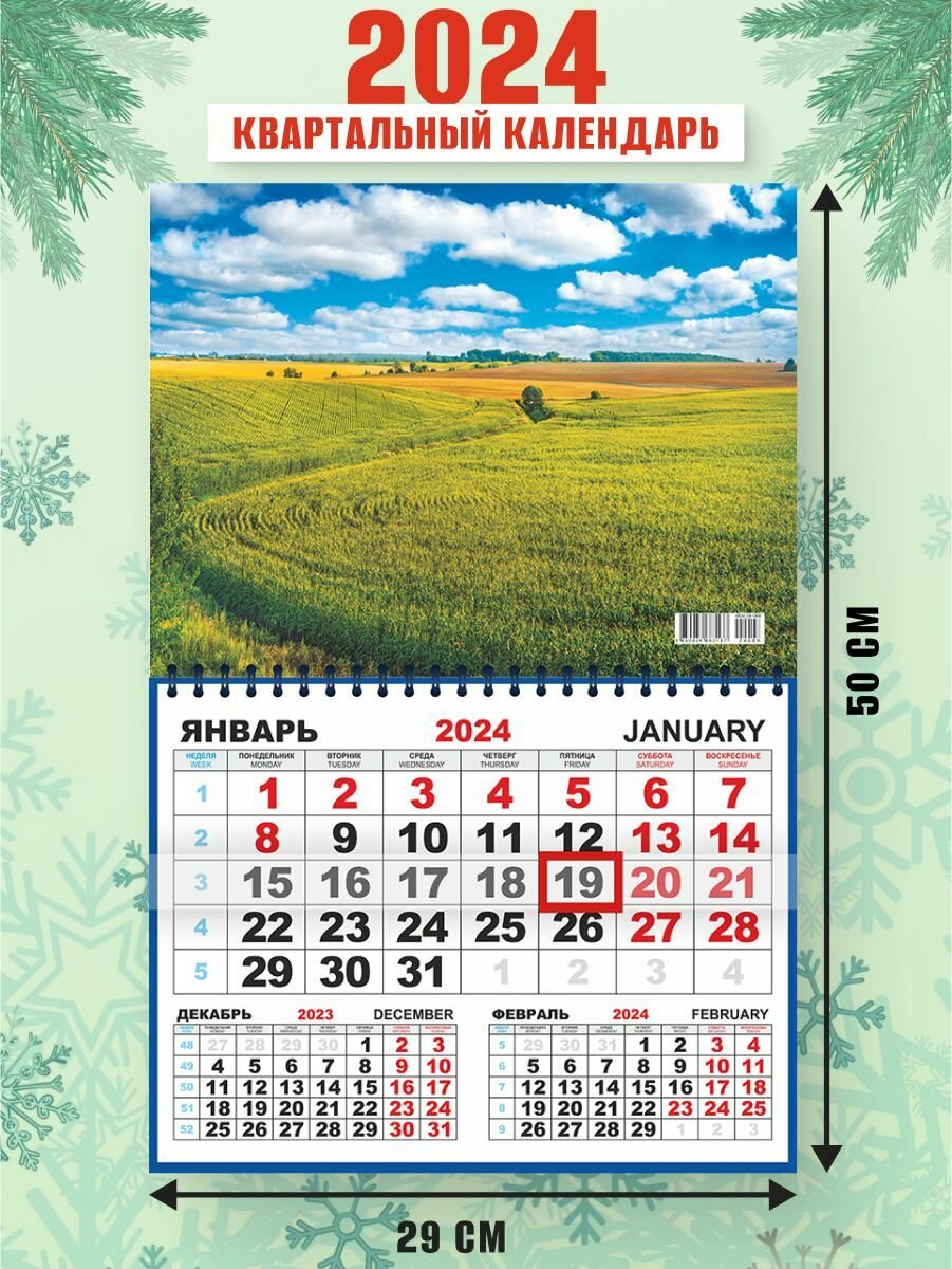 Настенный квартальный календарь Просторные поля 2024 г. 50х29см