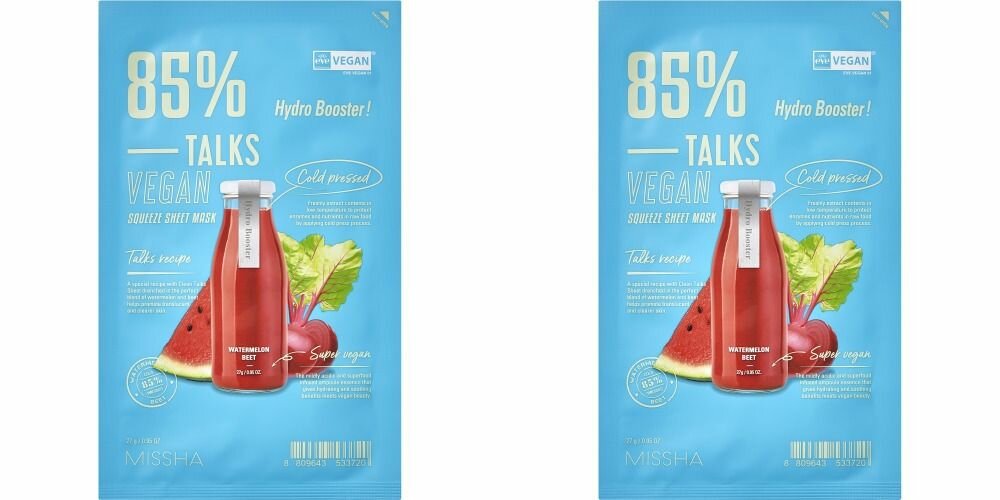 Missha Маска антистресс для лица с экстрактами арбуза и свеклы Talks Vegan Squeeze Hydro Booster, 27 г, 1 шт, 2 уп