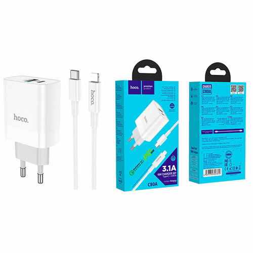 Сетевое зарядное устройство для USB/Type-C Hoco C80A (3А, QC3.0, PD, кабель Type-C-Lightning) (белое)