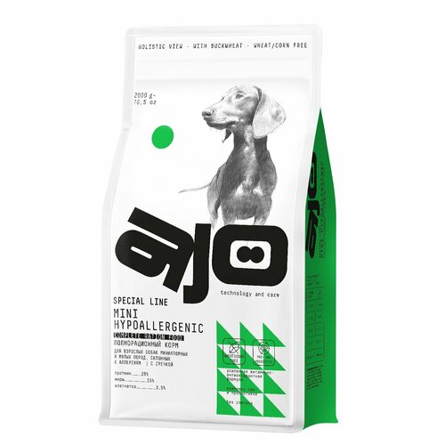 AJO Dog Mini Hypoallergenic Сухой корм с гречкой для собак малых пород, склонных к аллергиям 2 кг