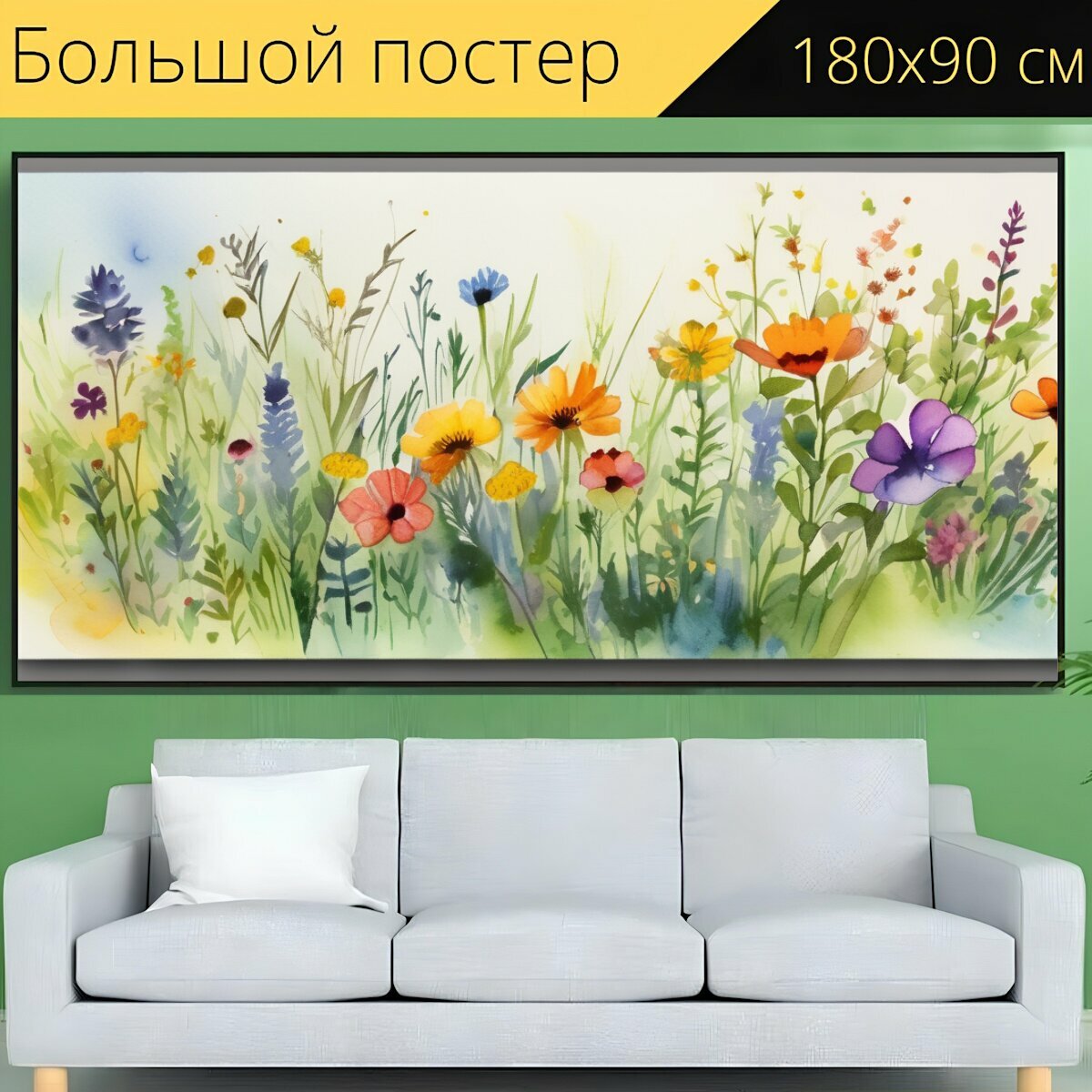 Большой постер "Цветы луговые, в стиле акварель" 180 x 90 см. для интерьера на стену