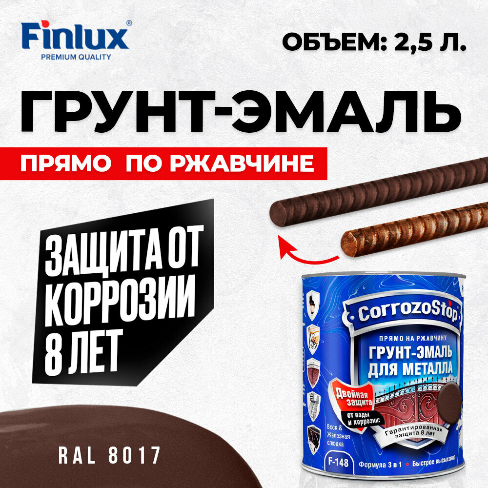 Универсальная грунт-эмаль 3в1 по металлу и ржавчине Finlux F-148 глянцевая ral 8017 25 л