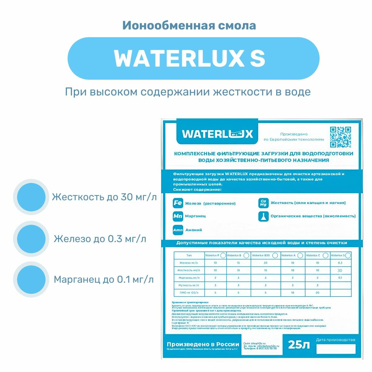 Waterlux S 25л универсальная фильтрующая засыпка, ионообменная смола, загрузка фильтра для воды для удаление жесткости и умягчения воды ( Софтмикс / Пюрезин / SOFTMIX)