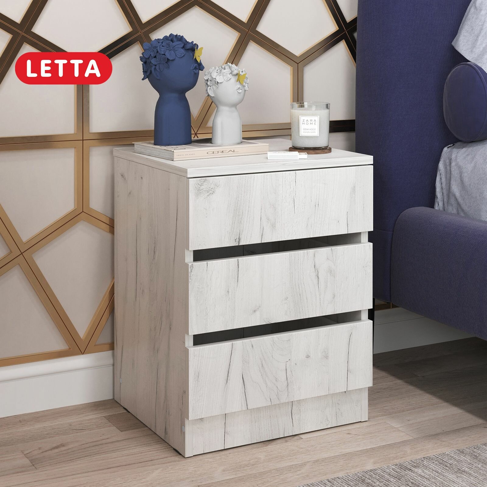 Прикроватная тумба LETTA Индиго с 3 ящиками белая 41х38х53 см