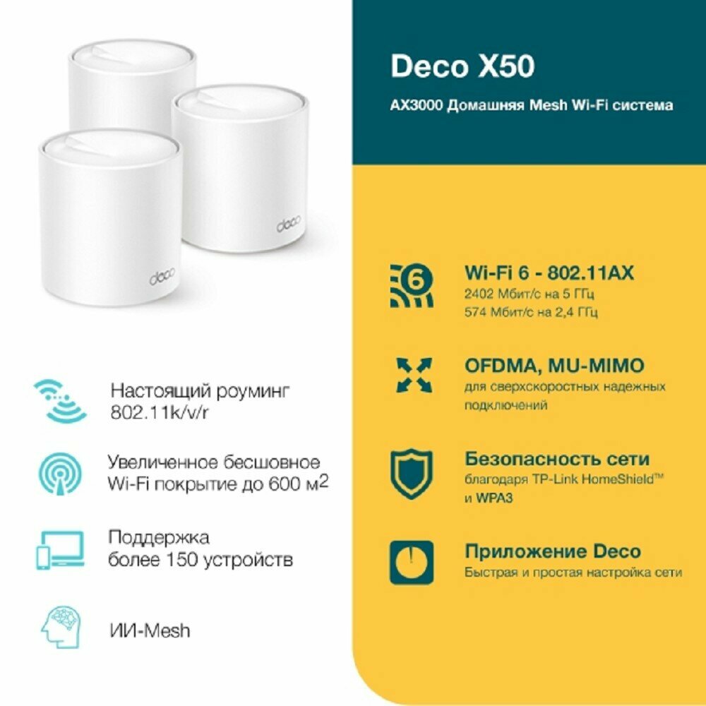 TP-Link Mesh-Система Deco X50 3-pack , AX3000, двухдиапазонная, 3xRJ45 1Гбит с комплект из 3шт — фото 1