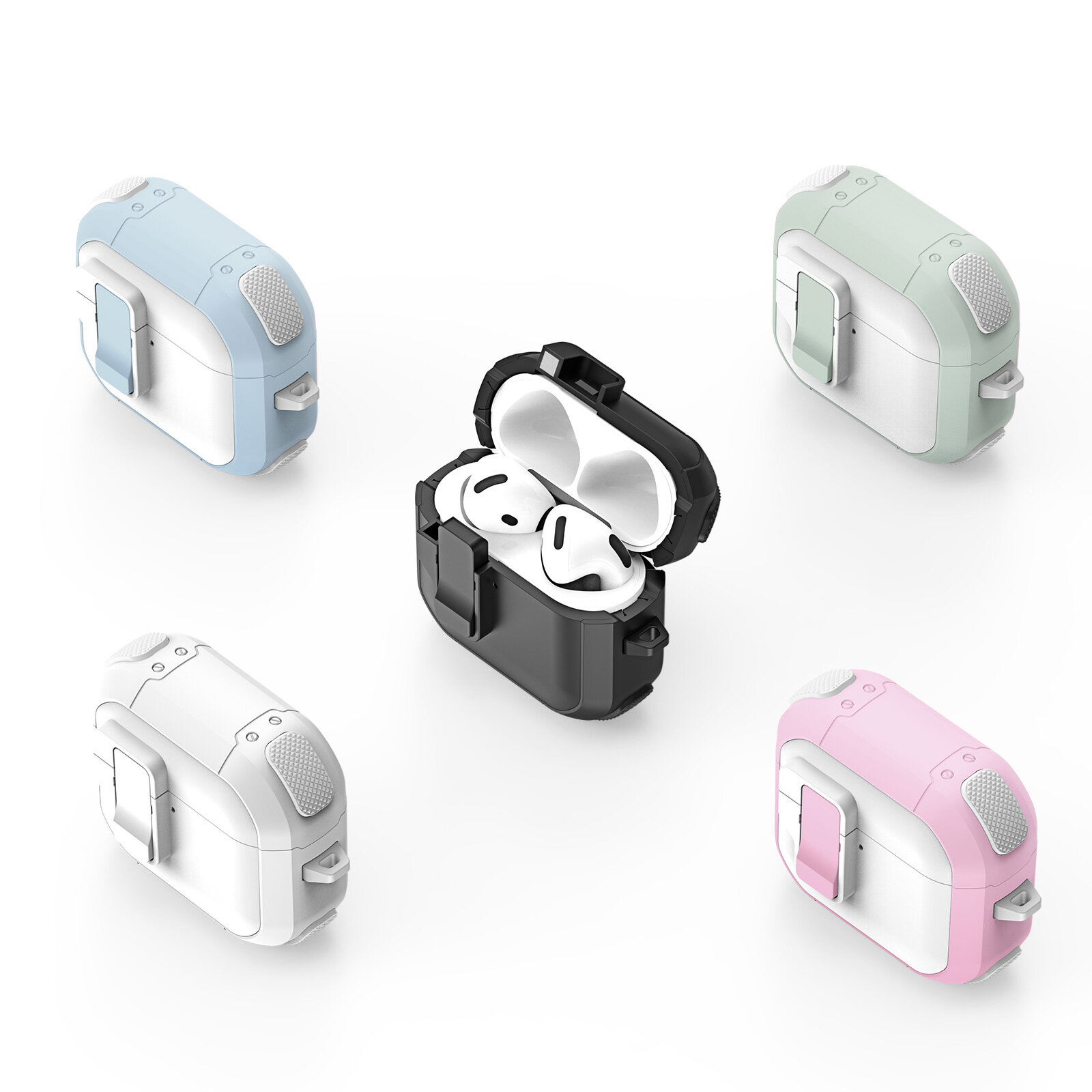 Усиленный чехол белого цвета от Dux Ducis для наушников AirPods 4, серия PECP Series Case, в комплекте с карабином — фото 1