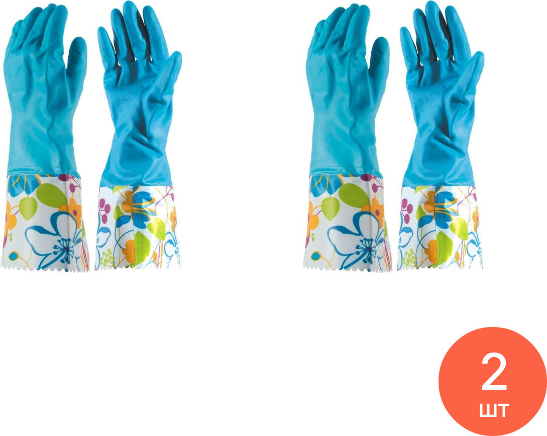 Перчатки хозяйственные Рыжий кот LG-Cu с манжетами с хлопковым напылением латексные голубые размер M / товары для дома (комплект из 2 шт)