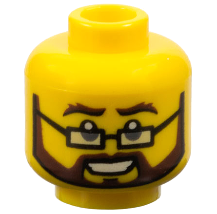 Minifigure, Head Dark Brown Bushy Eyebrows, Full Beard and Moustache, Black Rectangular Glasses, Open Mouth Smile with Teeth Pattern, 3626pb1134 Yellow U