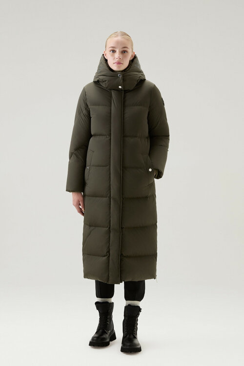 Пуховик Woolrich, удлиненный, карманы, съемный капюшон, размер L, зеленый