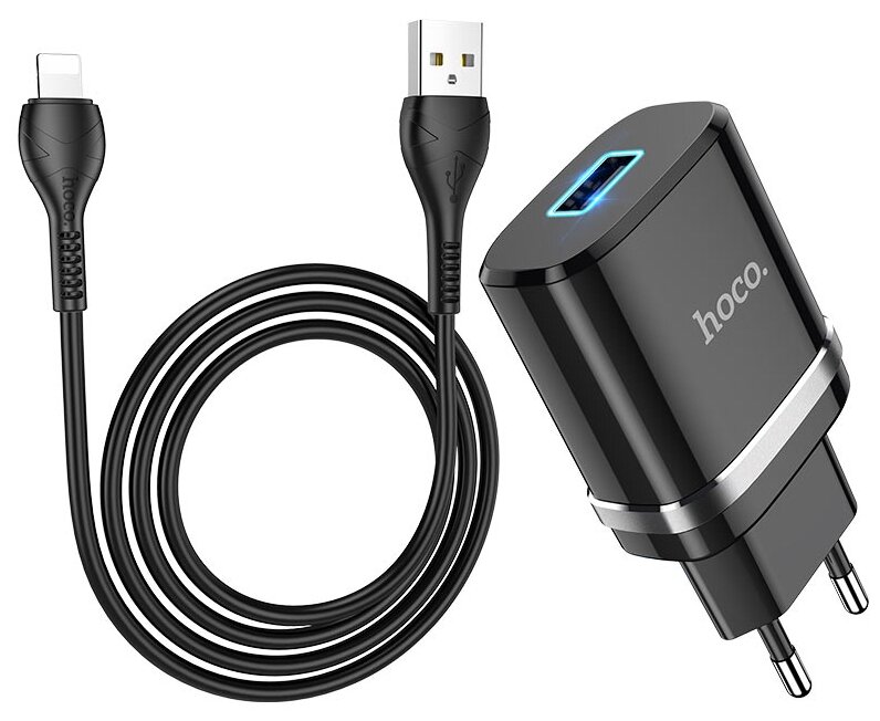 Зарядное устройство HOCO N1 Ardent USB + Кабель USB-Lightning, 2.4A, черный