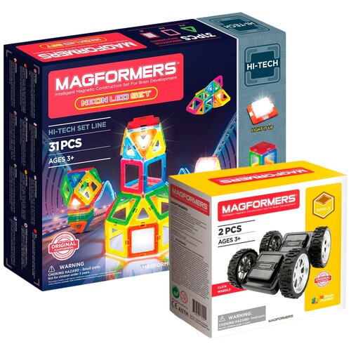 фото Конструктор magformers hi-tech + single 709007+713009 neon led set + клик-колёса