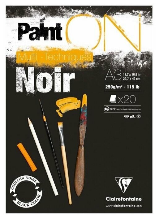 Альбом-склейка для смешанных техник Clairefontaine "Paint'ON Noir" А3 20 л 250 г, черная - фото №1