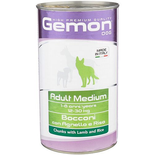 Gemon Dog Medium консервы для собак средних пород кусочки ягненка с рисом - 1250 гр х 12 шт