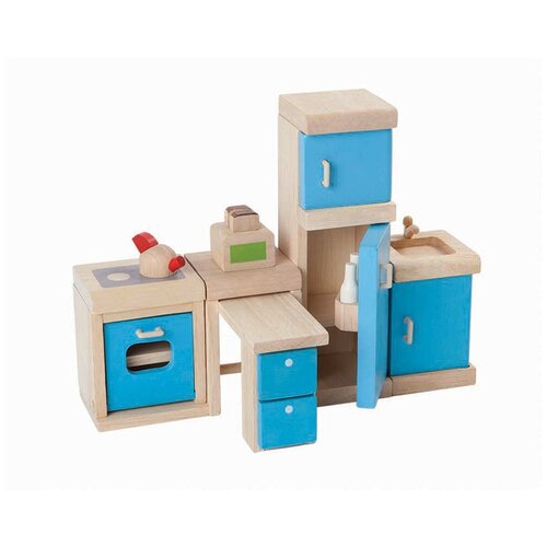 Купить Набор мебели Plan Toys, для кухни для кукольного дома, PlanToys, голубой/бежевый, дерево