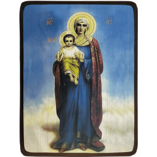 Икона Благодатное небо (Что Тя наречем) Божией Матери на голубом фоне, размер 14 х 19 см