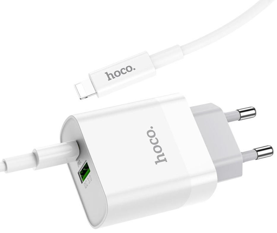 Сетевое зар. устр. Hoco C80A с шнуром Type-C на Lightning 1USB/1С PD3.0/QC3.0 3A 20W белое