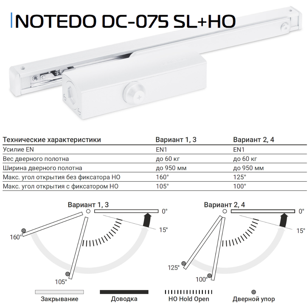 Дверной доводчик NOTEDO DC-075 SL+HO, белый RAL9016