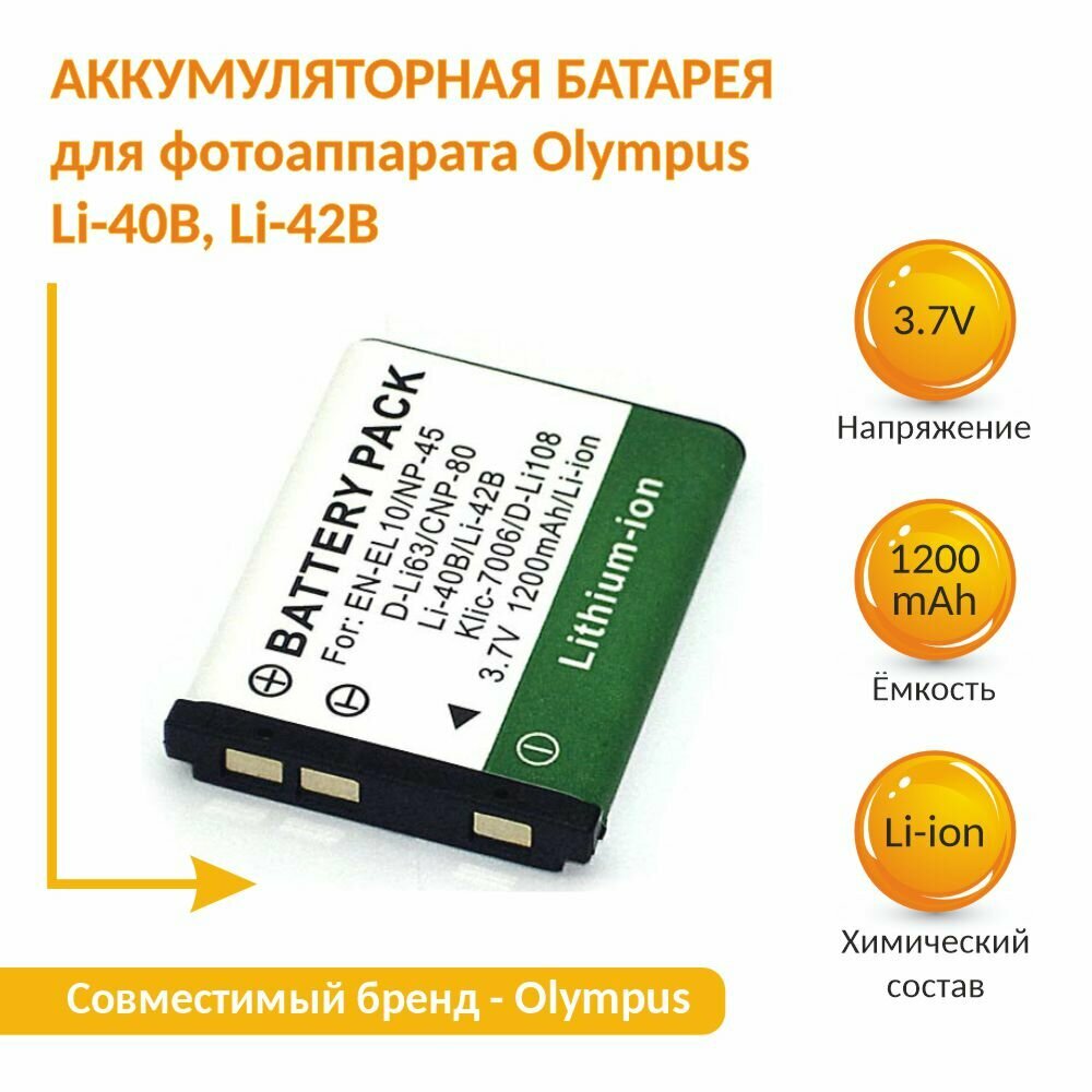 Аккумуляторная батарея для фотоаппарата Olympus Li-40B, Li-42B 3.7V 1200mAh